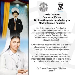 El médico ucevista Dr. José Gregorio Hernández se convierte en santo junto a la Madre Carmen Rendiles
