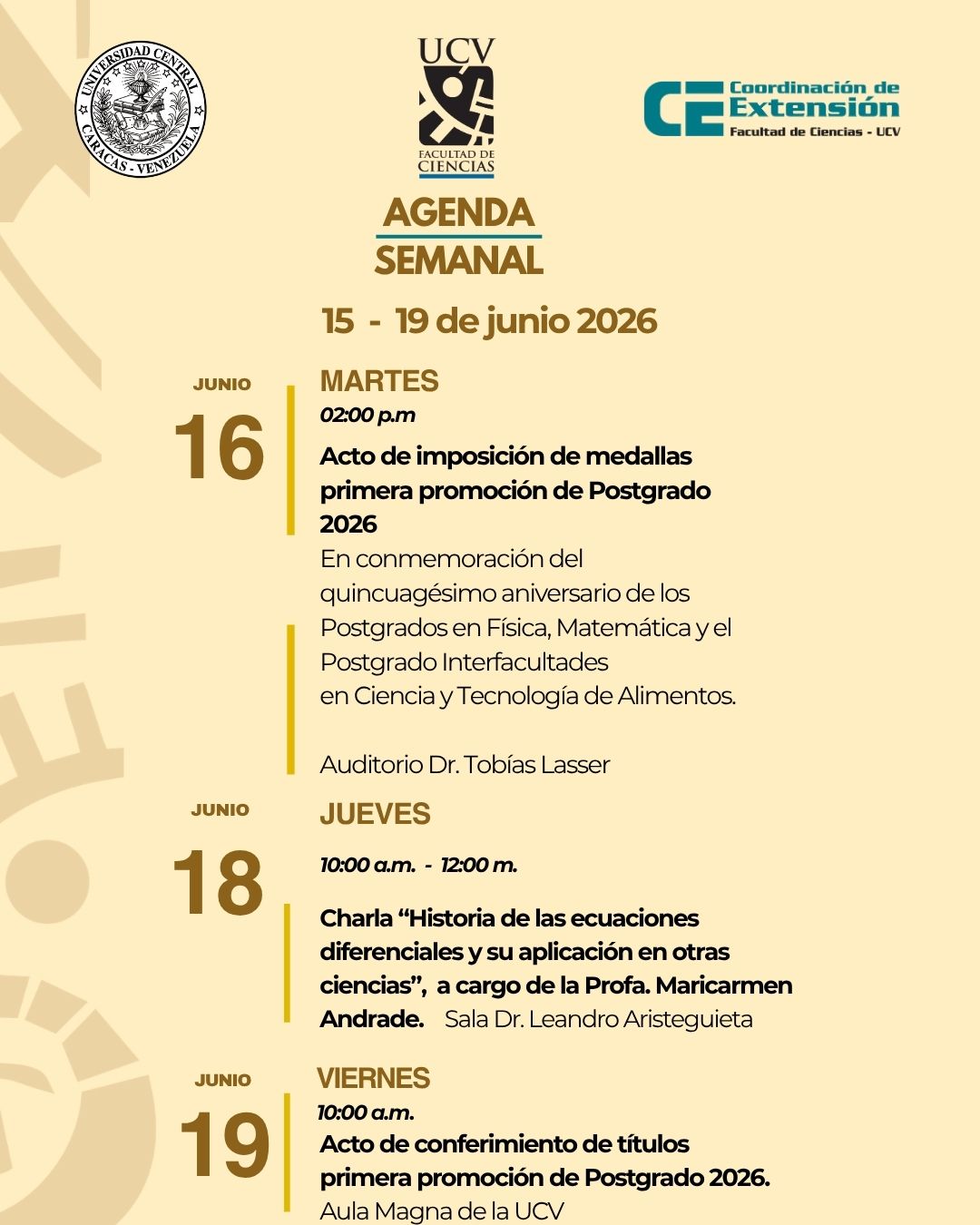 Agenda Semanal de la Facultad de Ciencias del 15 al 19 de junio de 2026
