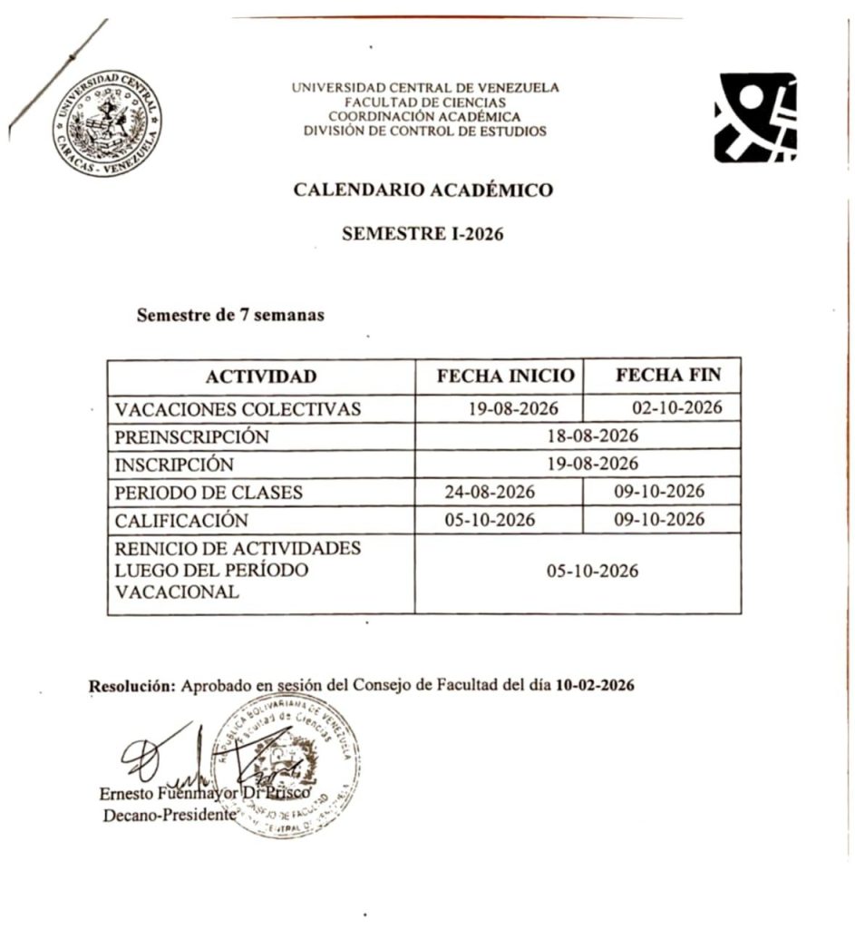 Calendario académico semestre 1-2026