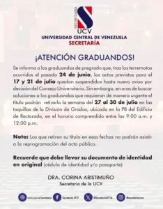 Comunicado de Secretaría de la Universidad Central de Venezuela
