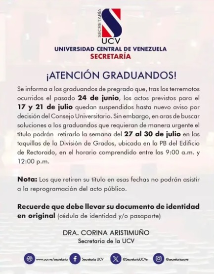 Comunicado de Secretaría de la Universidad Central de Venezuela