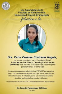 Las Autoridades de la Facultad de Ciencias felicitan a la Dra. Carla Contreras por su nombramiento como Presidenta (E) del FONACIT