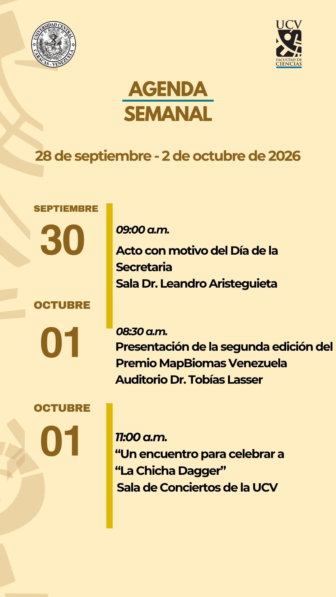 Agenda semanal de la Facultad de Ciencias del 28 de septiembre al 2 de octubre de 2026