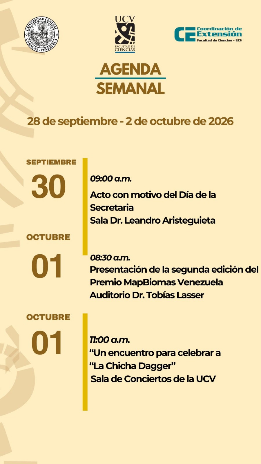 Agenda semanal 28 de septiembre al 2 de octubre