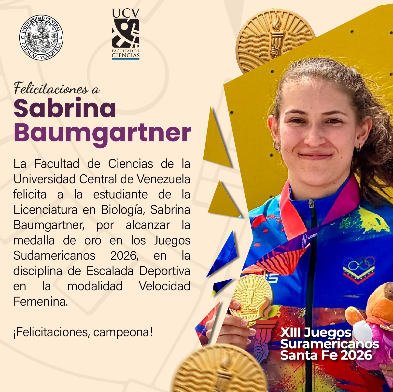 La Facultad de Ciencias felicita a Sabrina Baumgartner por obtener medalla de oro en los Juegos Suramericanos Santa Fe 2026