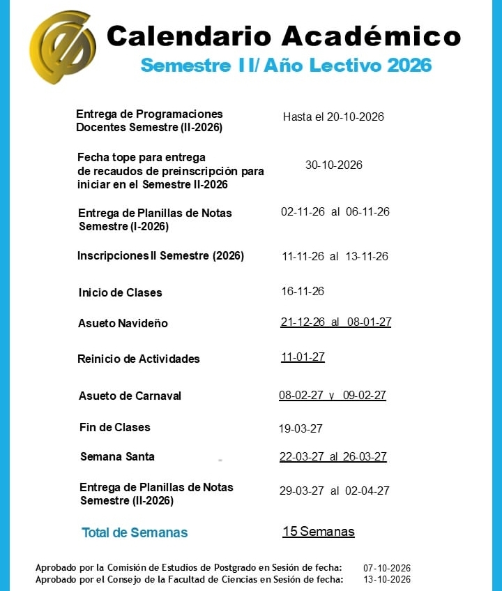 Calendario académico postgrado semestre 2 2026