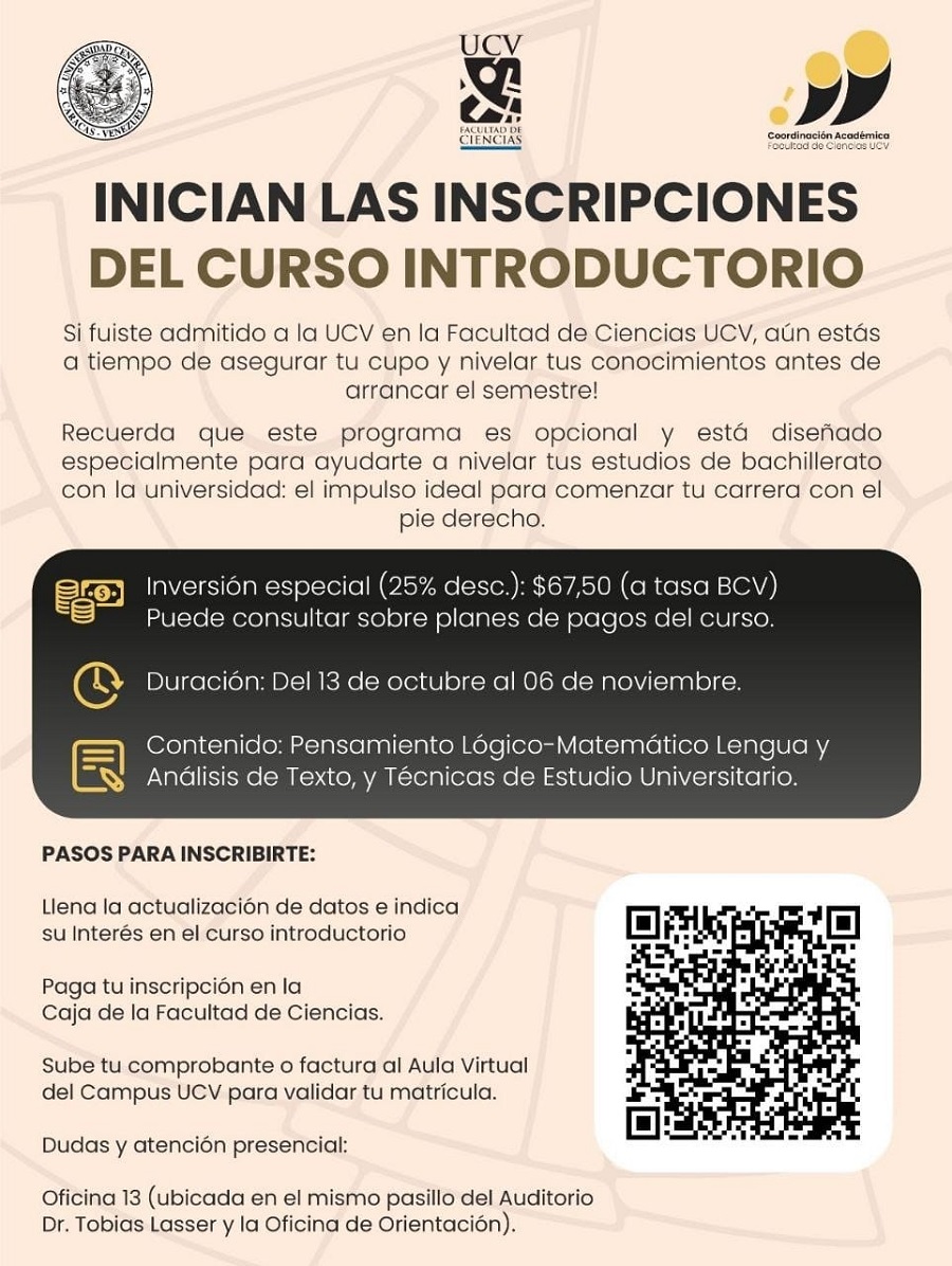 Abiertas las inscripciones para el Curso Introductorio dirigido a estudiantes admitidos de la Facultad de Ciencias